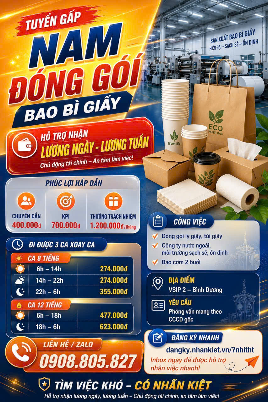📣 Tuyển Gấp 10 Nam Đóng Gói Bao Bì Giấy '' NHẬN VIỆC NGAY - LƯƠNG TRONG NGÀY ''