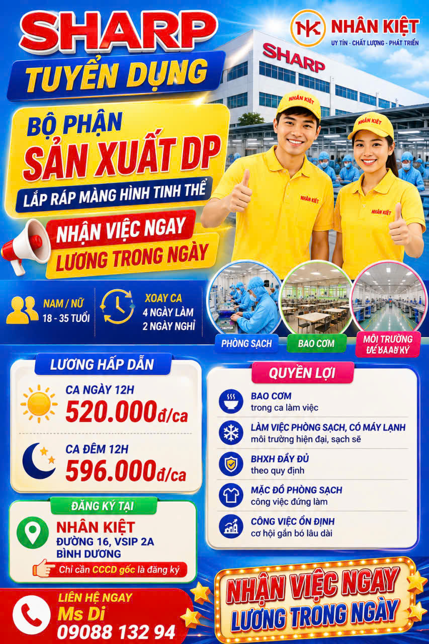 💥 NHẬN VIỆC NGAY – LƯƠNG TRONG NGÀY 💥🔥🔥 SHARP TUYỂN DỤNG – BỘ PHẬN DP 🔥🔥