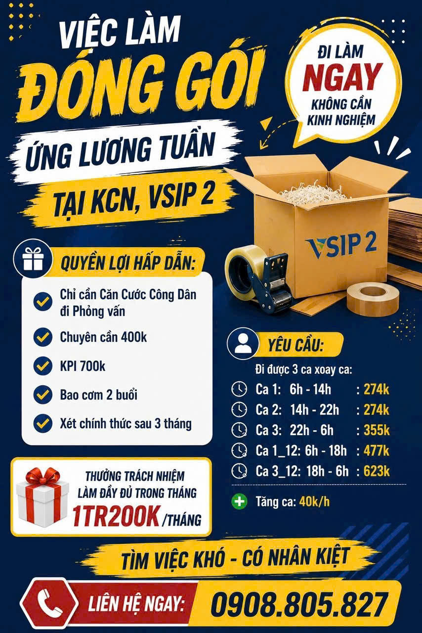 Công Ty Nhân Kiệt Cần Tuyển 20 Nam Làm Đóng Gói Bao Bì Giấy