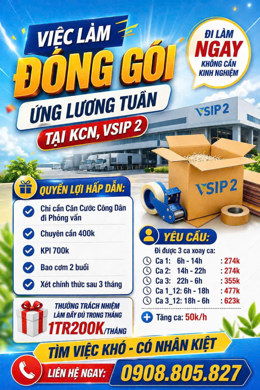 📣 TUYỂN 20  NAM ĐÓNG GÓI BAO BÌ GIẤY GẤP  ✅ Công việc: Đóng gói ly giấy, túi giấy  🏭 Công ty nước ngoài, môi trường sạch sẽ