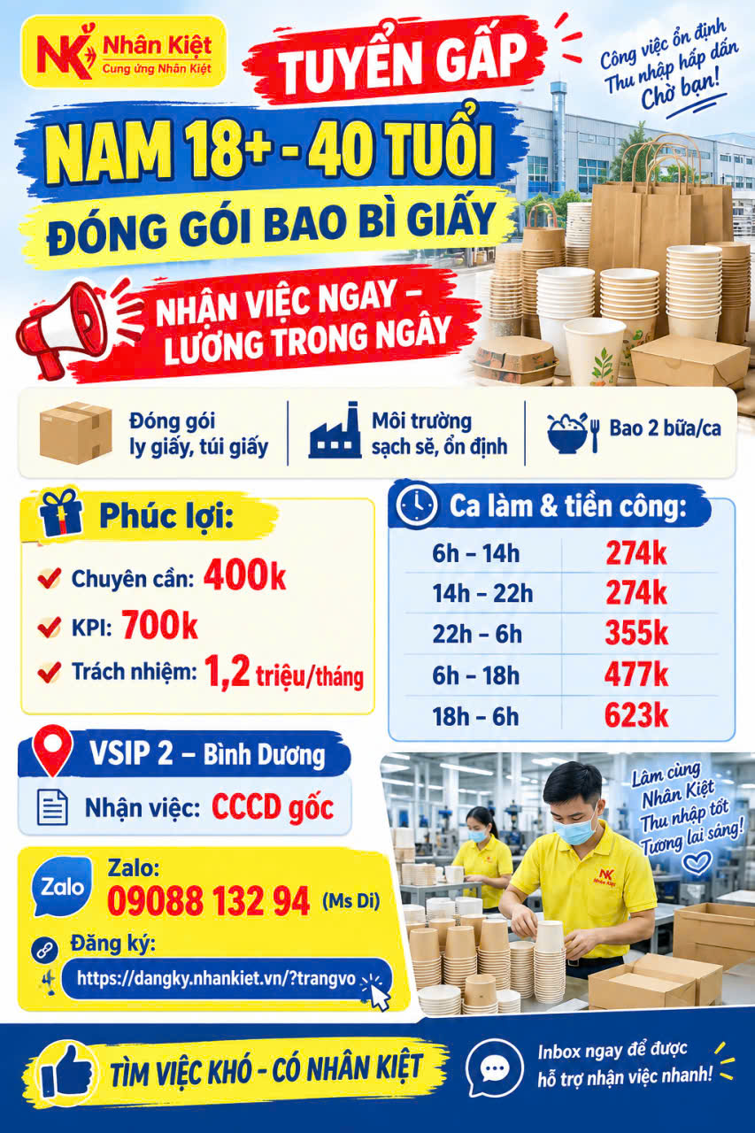 📣 TUYỂN GẤP LĐPT  ĐÓNG GÓI BAO BÌ GIẤY  🚨 NHẬN VIỆC NGAY – LƯƠNG TRONG NGÀY  📦 Đóng gói ly giấy, túi giấy