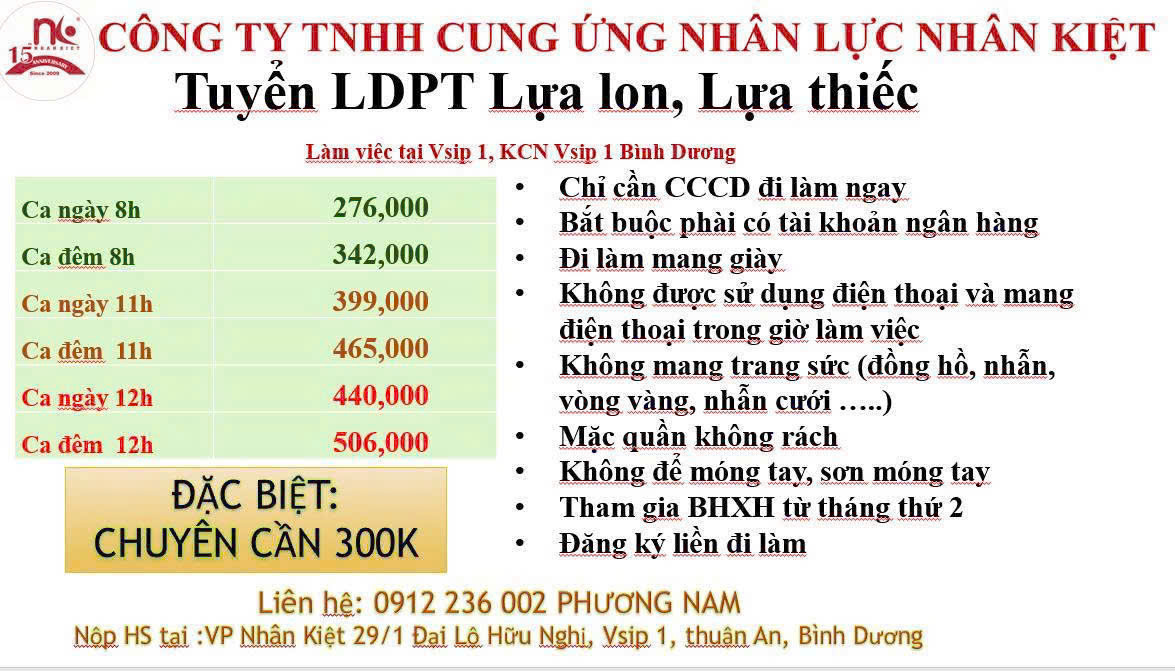 Tuyển Lao Động Phổ Thông Lựa Lon, Lựa Thiếc Tại VSIP 1 Bình Dương