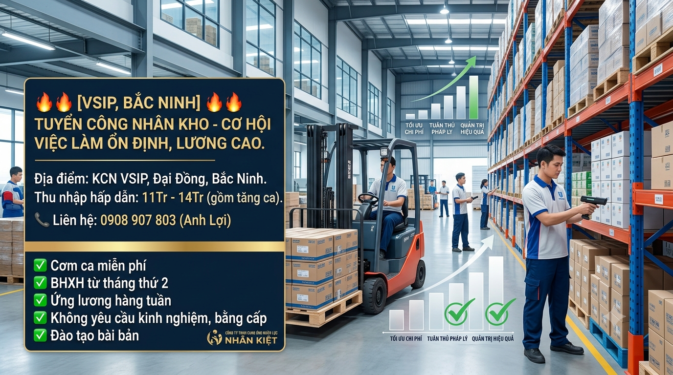Tuyển Công Nhân Kho Tại VSIP Bắc Ninh – Thu Nhập 11–14 Triệu Đồng/Tháng