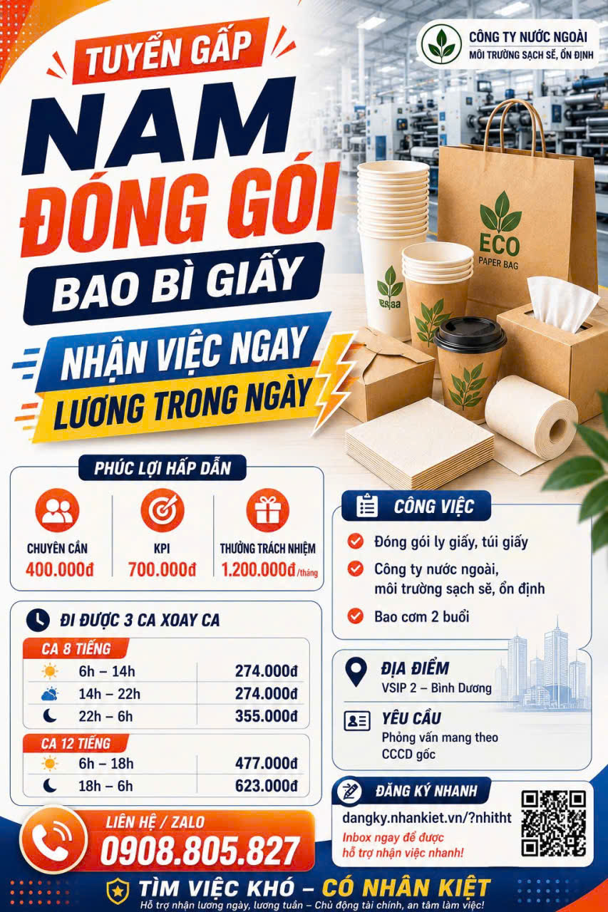 🔥 NHẬN VIỆC NGAY - LƯƠNG TRONG NGÀY 🔥  📣 TUYỂN GẤP 10 NAM ĐÓNG GÓI BAO BÌ GIẤY (18–40 TUỔI)!