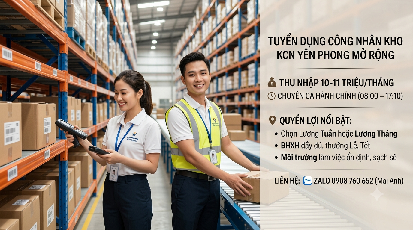 VIỆC LÀM HẤP DẪN CHUYÊN HÀNH CHÍNH TẠI KCN YÊN PHONG MỞ RỘNG