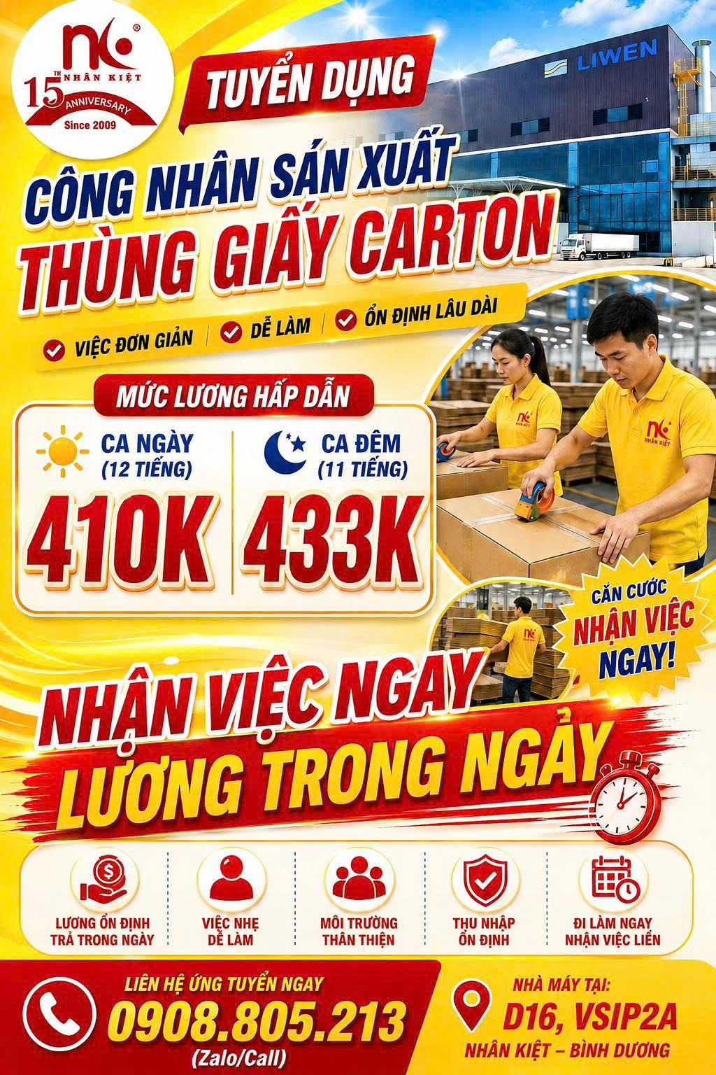 🔥 TUYỂN CÔNG NHÂN SẢN XUẤT THÙNG GIẤY CARTON – VSIP2A 🔥  📢 NAM/NỮ – CĂN CƯỚC NHẬN VIỆC NGAY
