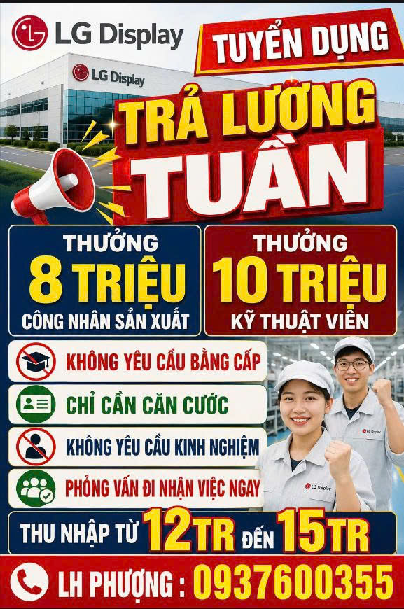 Tuyển Công Nhân Sản Xuất LG Display Hải Phòng – Thu Nhập 10–14 Triệu/Tháng, Có Xe Đưa Đón