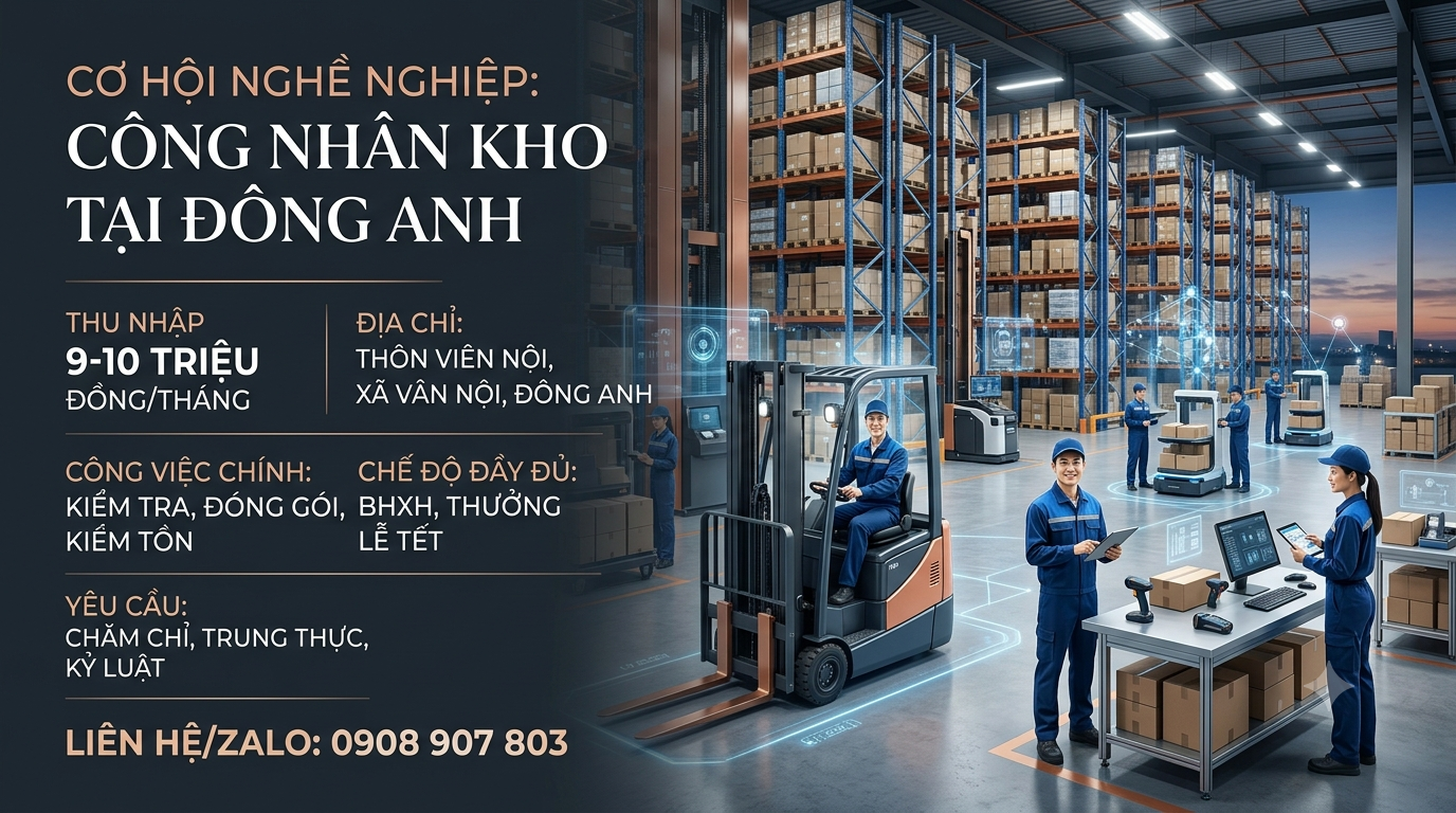 Tuyển Dụng Gấp Công Nhân Kho Tại Đông Anh – Thu Nhập 9–10 Triệu/Tháng