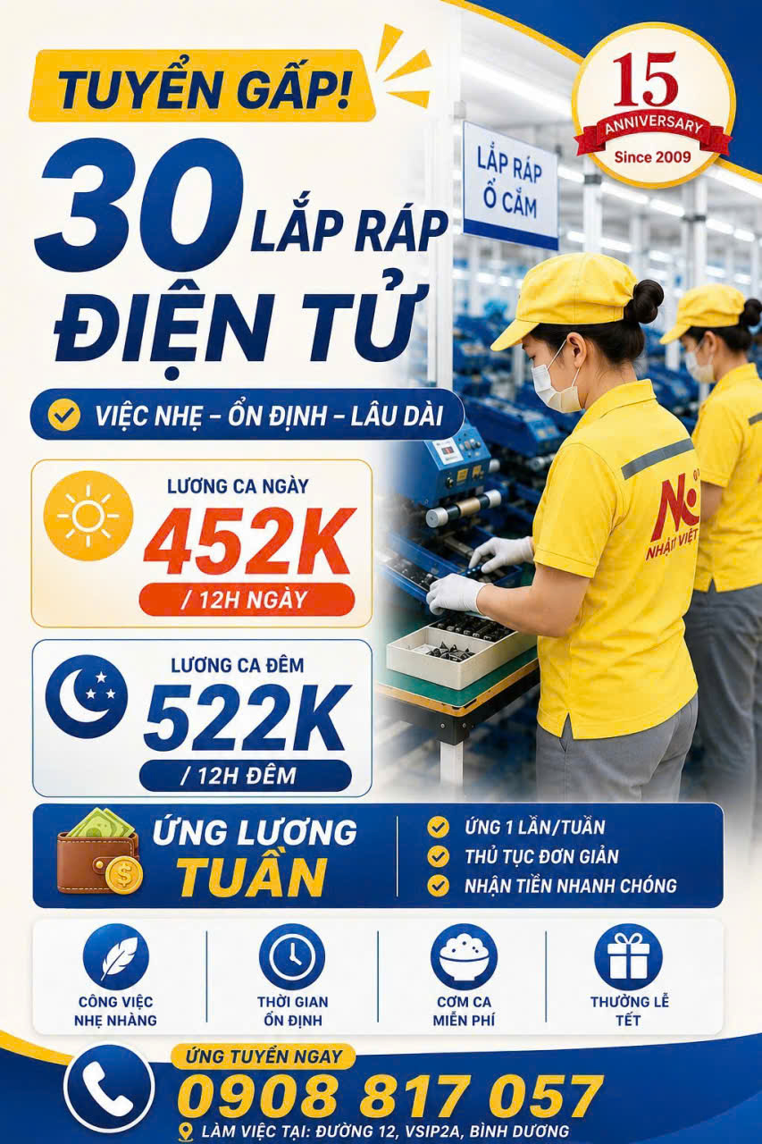 Nhân Kiệt cầm tuyển 10 nữ làm tại đường 12 vsip2A