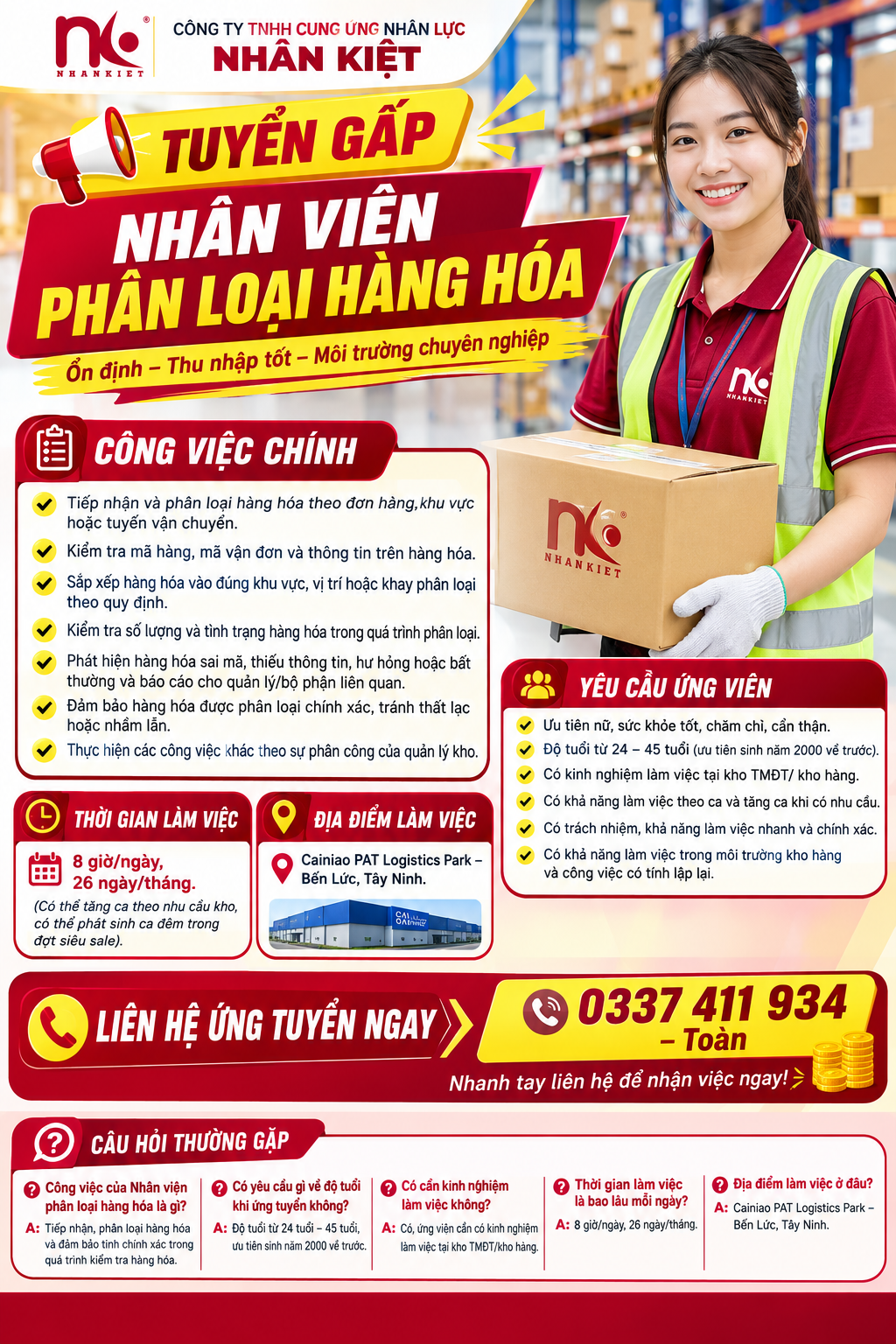 Tuyển gấp Nhân viên phân loại hàng hóa thu nhập cao-Bến Lức, Tây Ninh