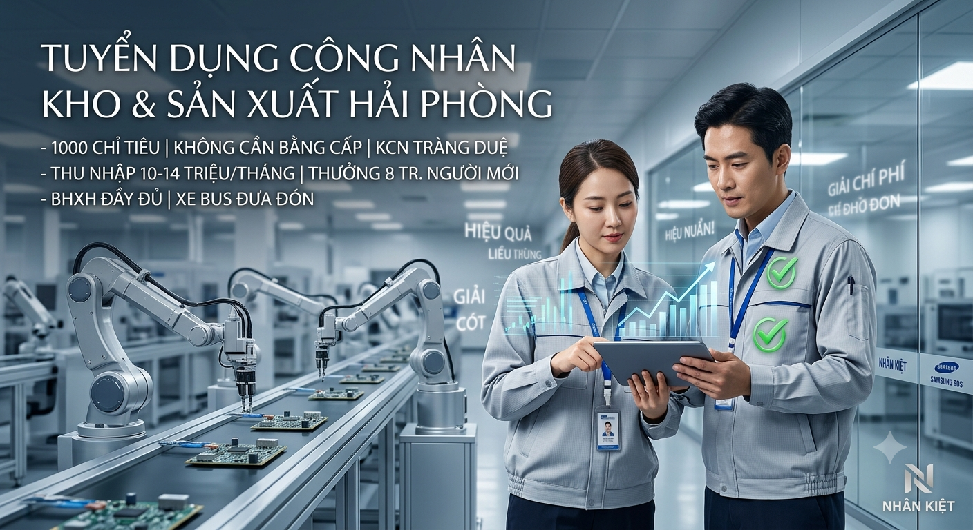 NHÂN KIỆT TUYỂN 1.000 LAO ĐỘNG LÀM VIỆC TẠI KCN TRÀNG DUỆ HẢI PHÒNG – KHÔNG YÊU CẦU BẰNG CẤP, THU NHẬP CAO