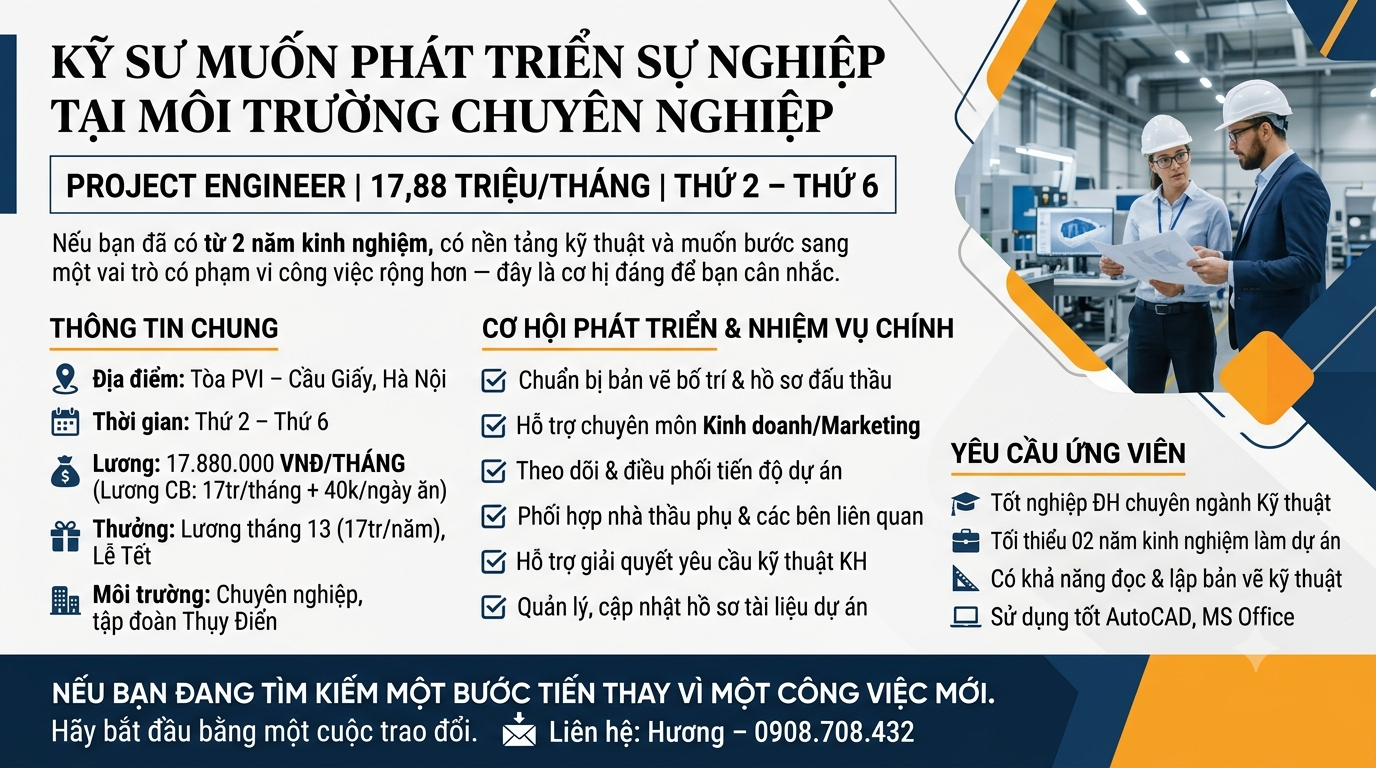CƠ HỘI VIỆC LÀM PROJECT ENGINEER TẠI HÀ NỘI NHIỀU TIỀM NĂNG PHÁT TRIỂN