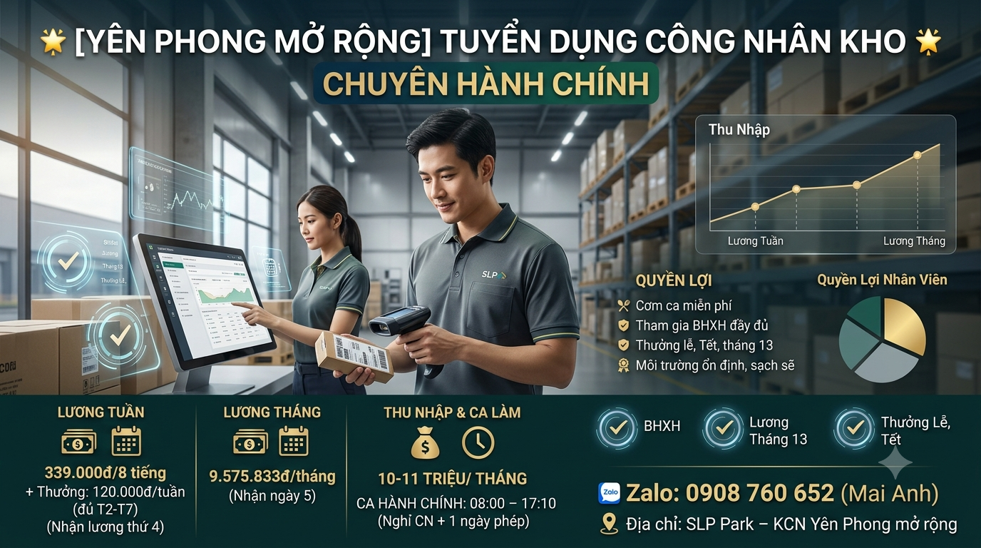 Cơ hội việc làm Kho Hành Chính Tại Yên Phong Mở Rộng – Thu Nhập 10–11 Triệu/Tháng
