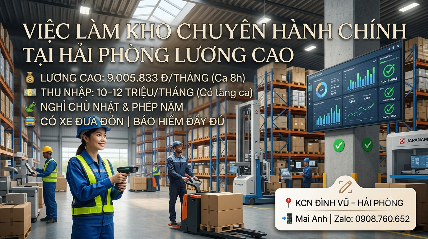 CƠ HỘI VIỆC LÀM KHO LOGISTICS TẠI KCN ĐÌNH VŨ, HẢI PHÒNG – LƯƠNG ĐẾN 12 TRIỆU/THÁNG, CÓ XE ĐƯA ĐÓN