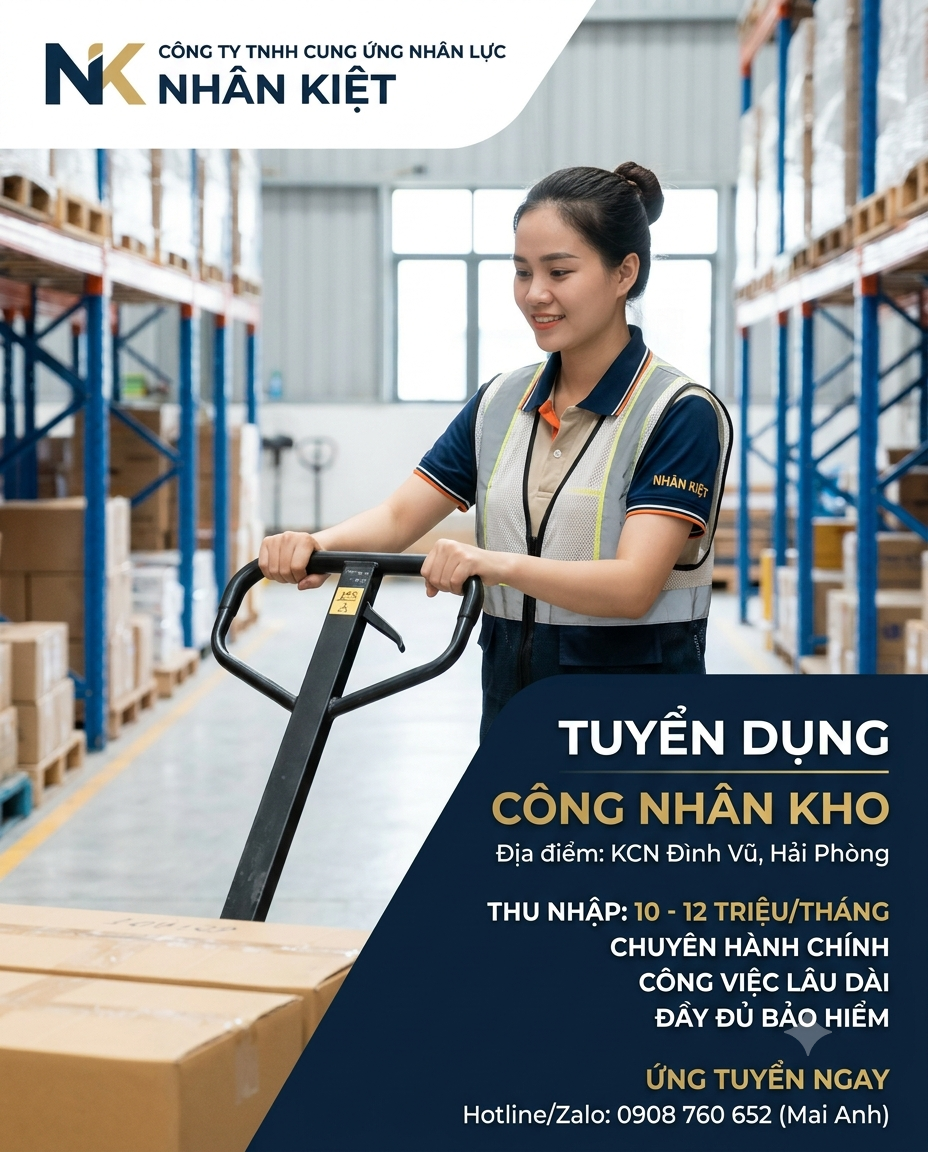 CƠ HỘI VIỆC LÀM CÔNG NHÂN PHỤ KHO KCN ĐÌNH VŨ, HẢI PHÒNG – LƯƠNG 10–12 TRIỆU/THÁNG, CHUYÊN CA HÀNH CHÍNH