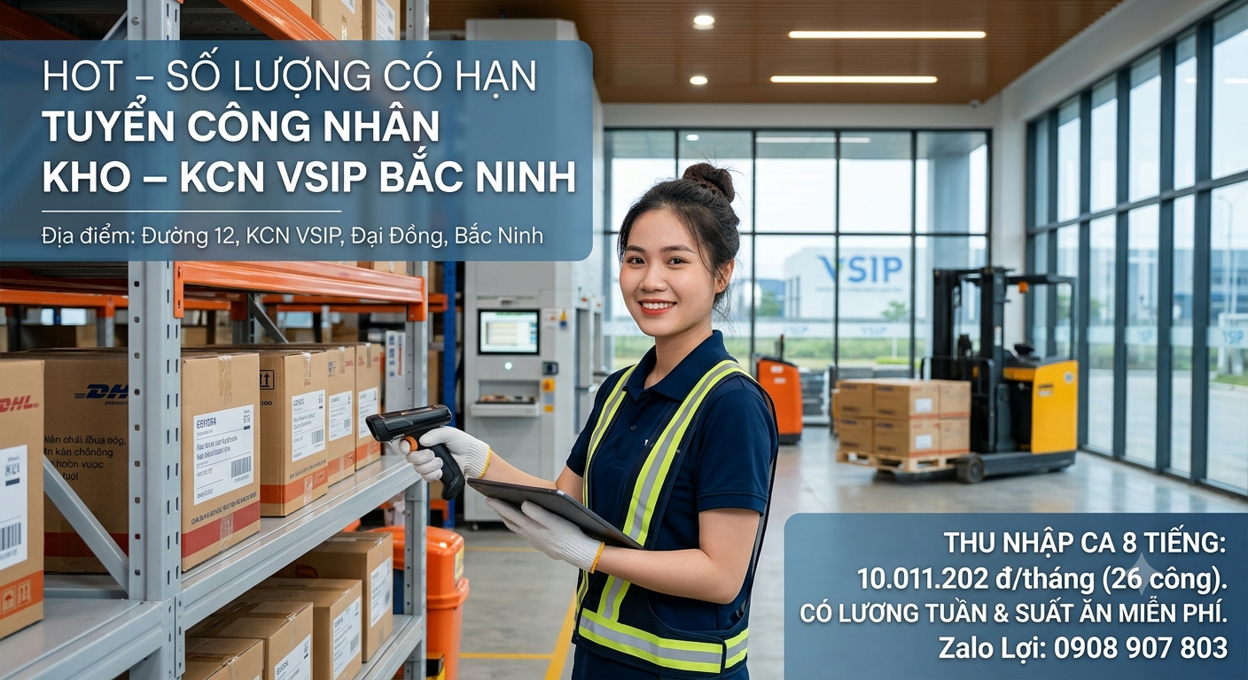 TUYỂN CÔNG NHÂN KHO TẠI KCN VSIP BẮC NINH – LƯƠNG THEO TUẦN, KHÔNG YÊU CẦU KINH NGHIỆM