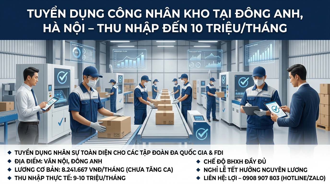 TUYỂN DỤNG CÔNG NHÂN KHO TẠI ĐÔNG ANH, HÀ NỘI – THU NHẬP ĐẾN 10 TRIỆU/THÁNG
