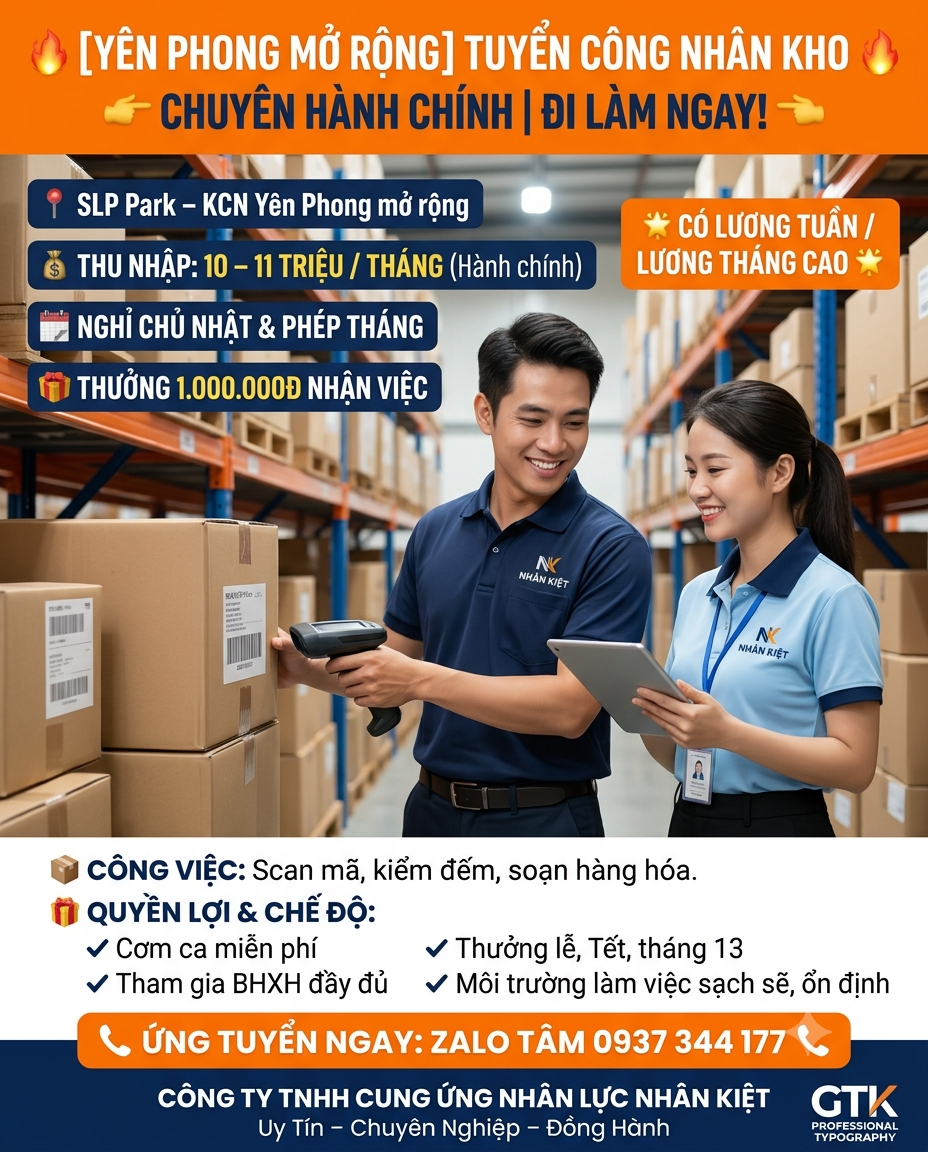CƠ HỘI VIỆC LÀM CÔNG NHÂN KHO SLP PARK – KCN YÊN PHONG MỞ RỘNG | LƯƠNG TUẦN HOẶC THÁNG, THU NHẬP 10–11 TRIỆU