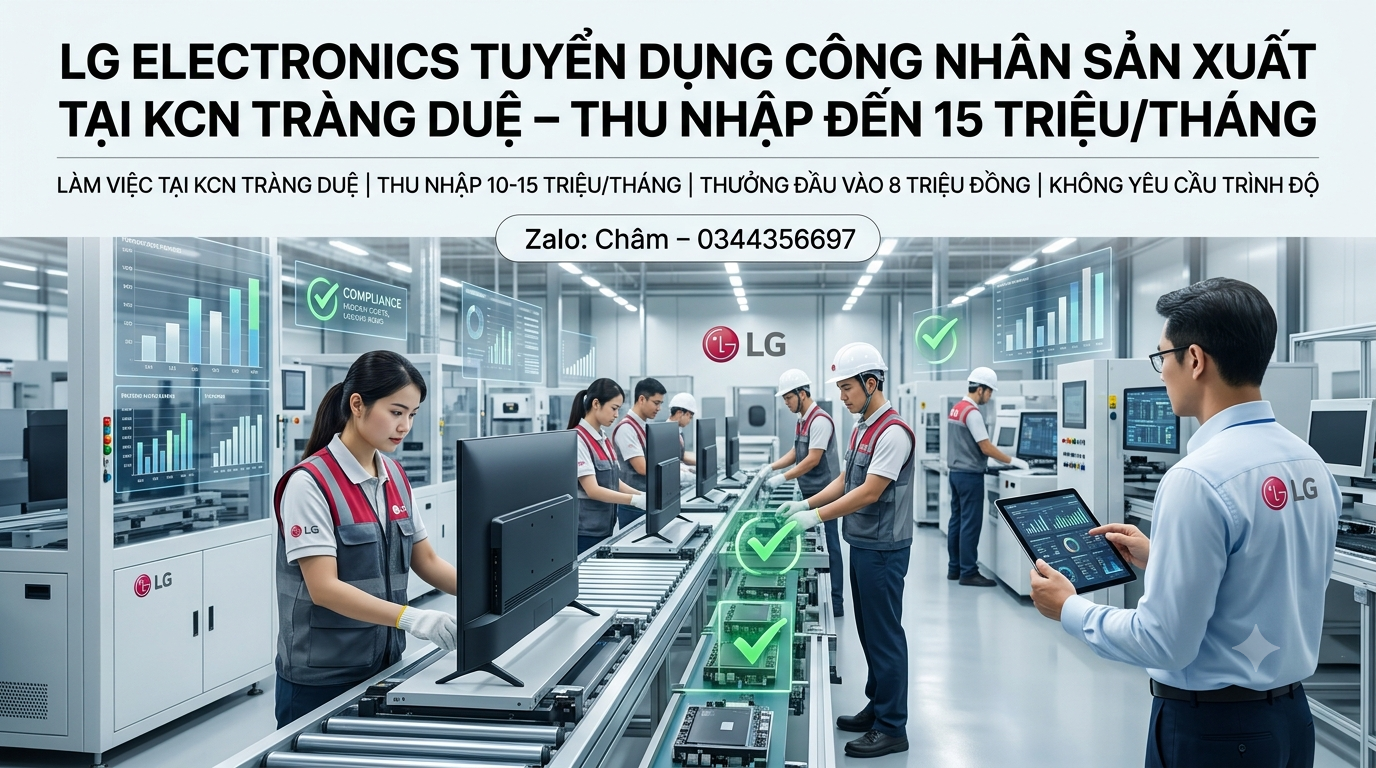 TUYỂN DỤNG 100 CÔNG NHÂN LG ELECTRONICS SẢN XUẤT TẠI KCN TRÀNG DUỆ – THU NHẬP ĐẾN 15 TRIỆU/THÁNG
