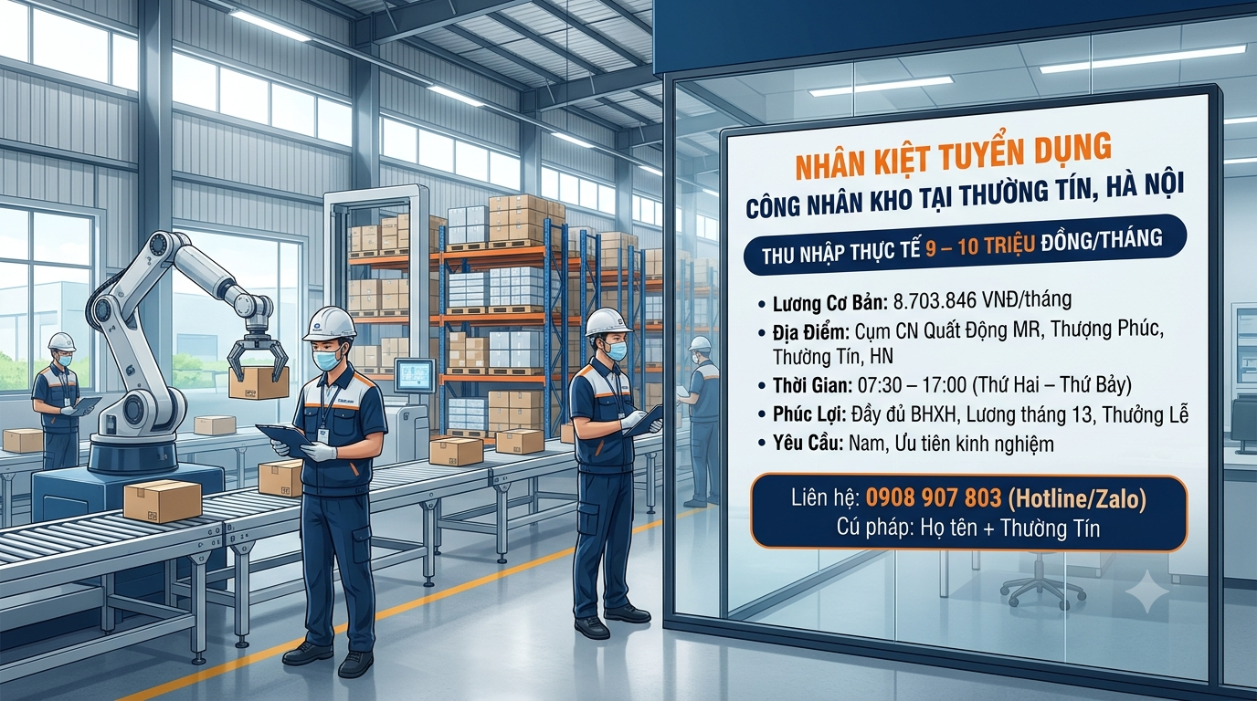 NHÂN KIỆT TUYỂN CÔNG NHÂN KHO TẠI THƯỜNG TÍN LƯƠNG ĐẾN 10 TRIỆU/ THÁNG
