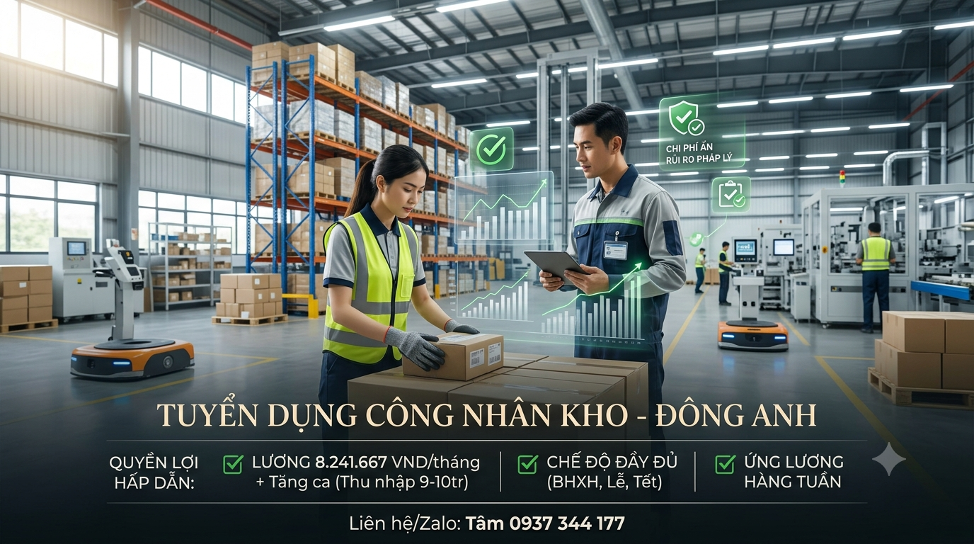 TUYỂN CÔNG NHÂN KHO TẠI ĐÔNG ANH – THU NHẬP 9–10 TRIỆU ĐỒNG/THÁNG