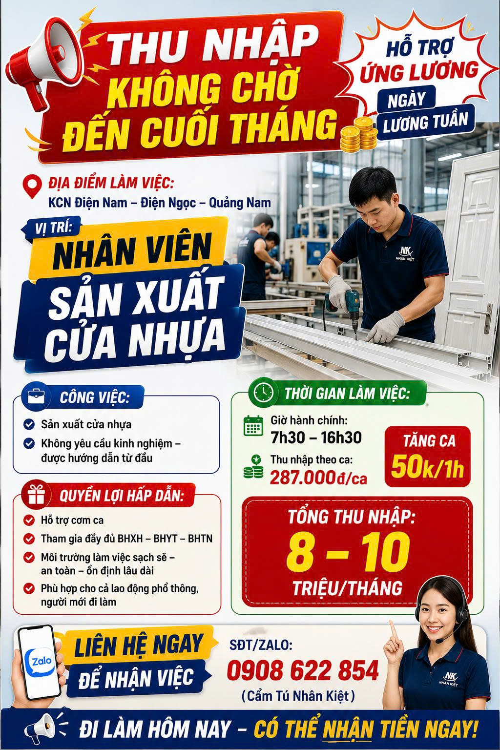 TUYỂN DỤNG NHÂN VIÊN SẢN XUẤT CỬA NHỰA tại KCN Điện Ngọc - Quảng Nam