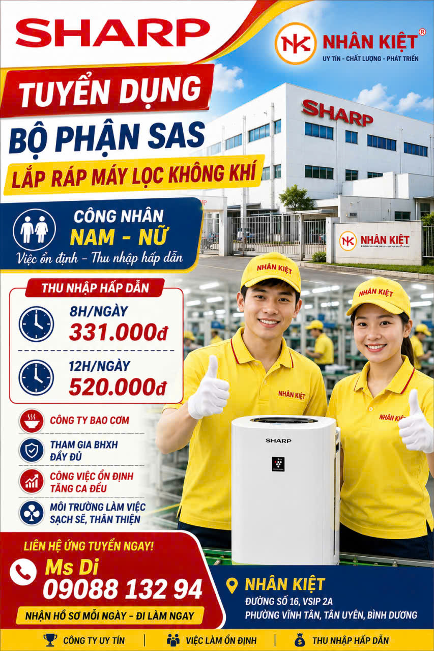  NHẬN VIỆC NGAY – LƯƠNG TRONG NGÀY 🔥  🌟 SHARP TUYỂN DỤNG BỘ PHẬN SAS – LẮP RÁP MÁY LỌC KHÔNG KHÍ 🌟