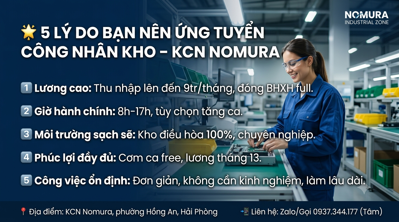 TUYỂN DỤNG CÔNG NHÂN KHO TẠI KCN NOMURA, HẢI PHÒNG – THU NHẬP 10–14 TRIỆU/THÁNG