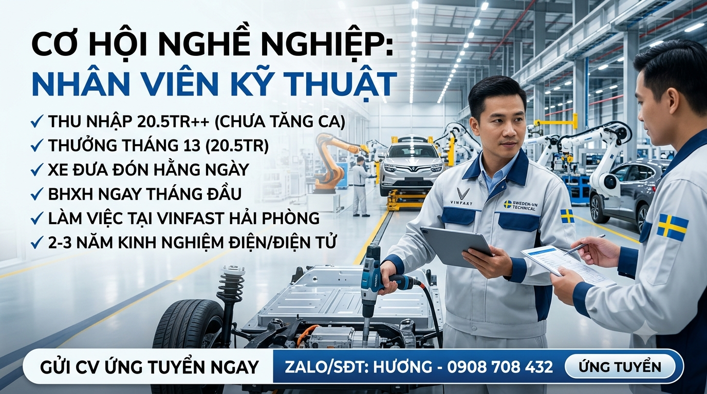 TUYỂN NHÂN VIÊN KỸ THUẬT – LÀM VIỆC TẠI NHÀ MÁY VINFAST HẢI PHÒNG